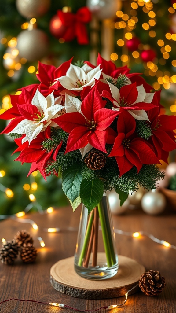 A festive floral arrangement of poinsettias and evergreens in a vase on a wooden table with holiday decorations.